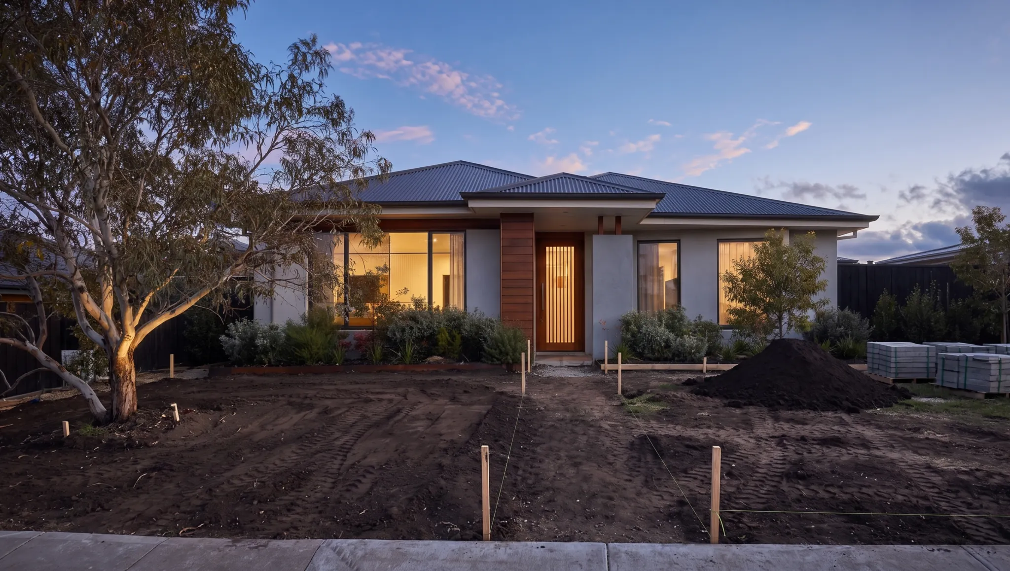 The same backyard stripped back to bare earth, mini excavator at work