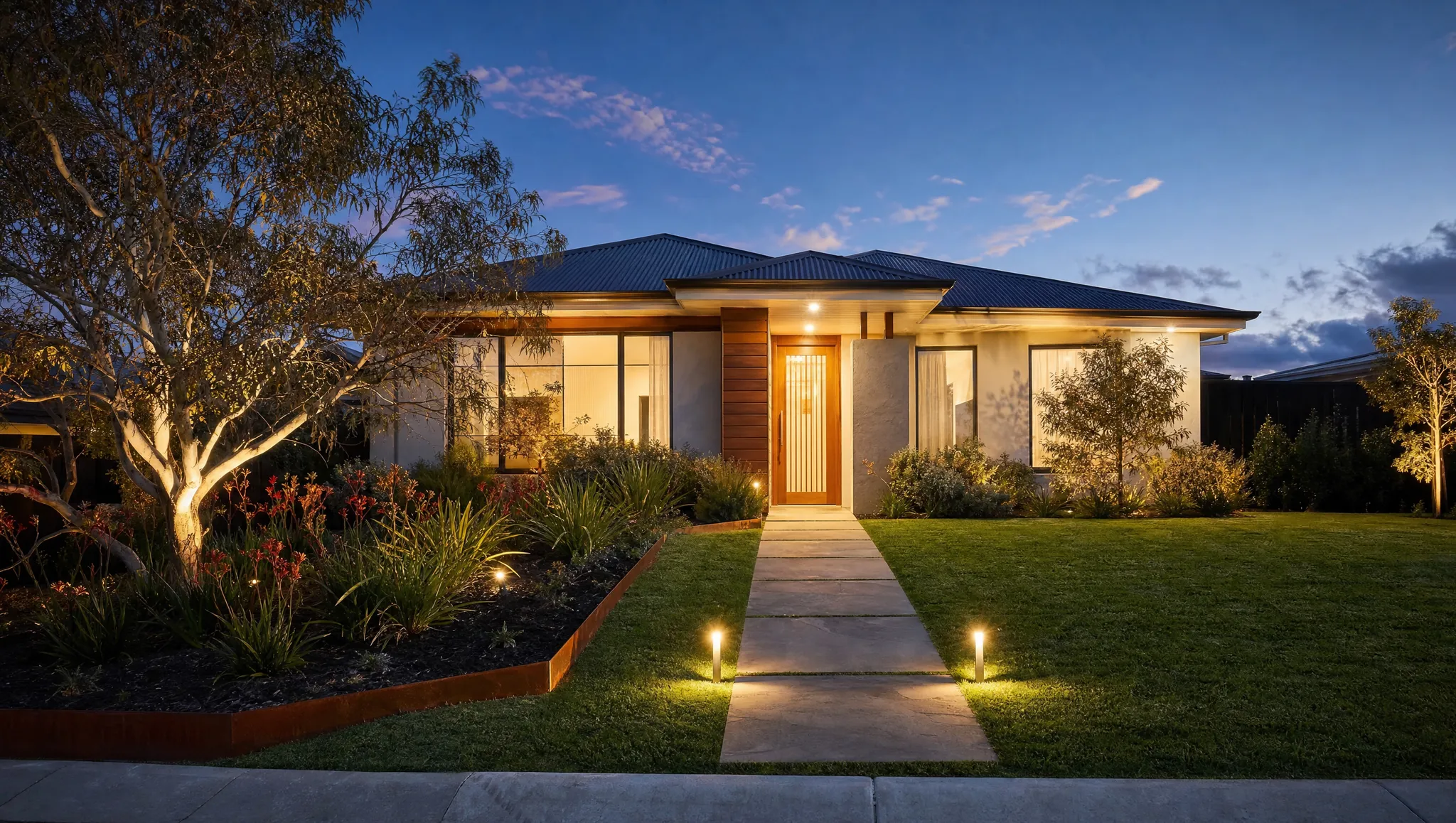 The same backyard fully landscaped at dusk: lush lawn, curved stone path with glowing lights, native garden beds and a timber bench